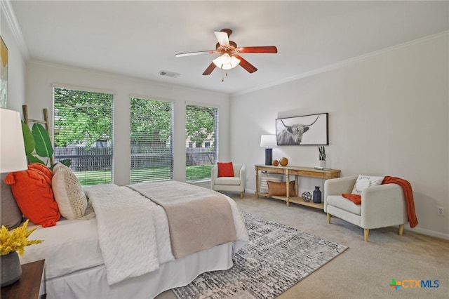 407 Misty Morn Ln, Cedar Park, TX 78613 - bedroom with a ceiling fan, carpet floors, crown molding, and visible vents
