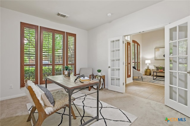 407 Misty Morn Ln, Cedar Park, TX 78613 - home office with baseboards, french doors, visible vents, and light colored carpet