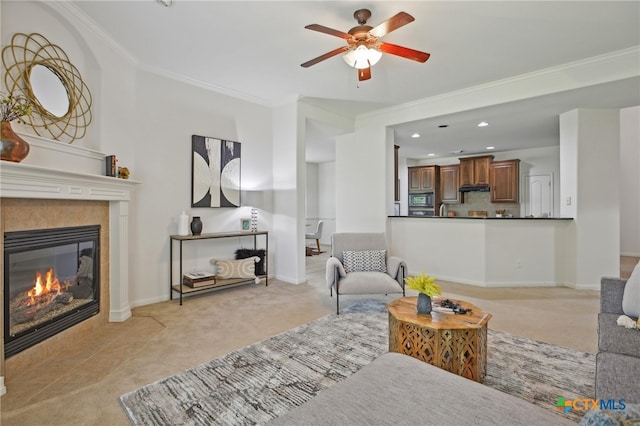 407 Misty Morn Ln, Cedar Park, TX 78613 - living room featuring light colored carpet, ceiling fan, crown molding, and a tiled fireplace