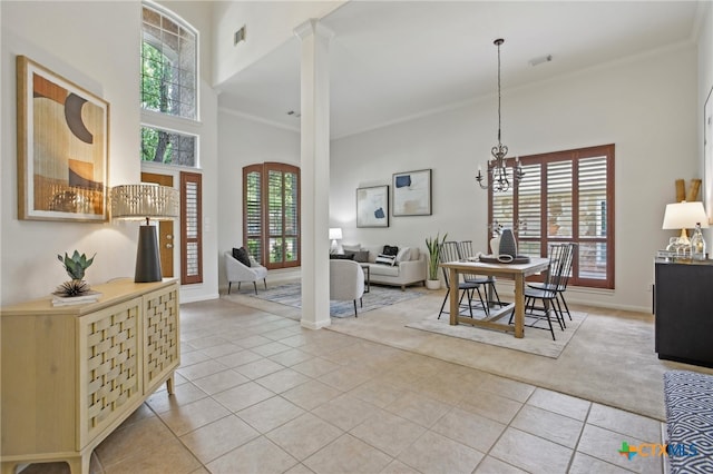 407 Misty Morn Ln, Cedar Park, TX 78613 - dining room featuring light tile patterned floors, visible vents, baseboards, an inviting chandelier, and ornamental molding