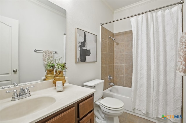 407 Misty Morn Ln, Cedar Park, TX 78613 - bathroom featuring tile patterned floors, shower / bathtub combination with curtain, toilet, vanity, and crown molding