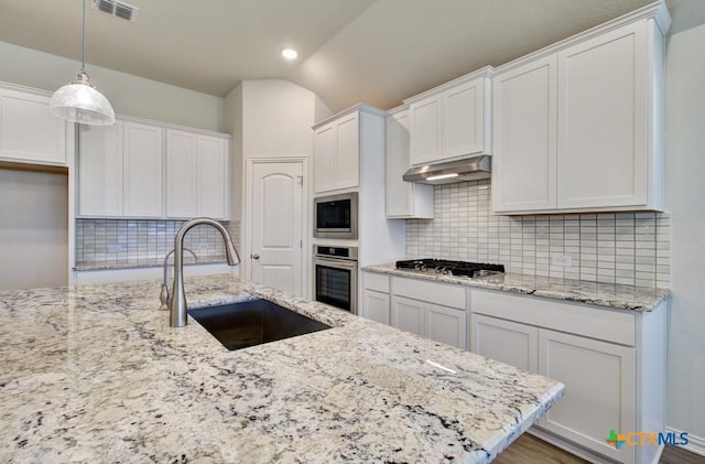 771 Navarro St, New Braunfels, TX 78132 - kitchen with appliances with stainless steel finishes, under cabinet range hood, white cabinetry, vaulted ceiling, and recessed lighting