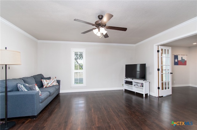 living room with dark hardwood / wood-style flooring, a textured ceiling, ceiling fan, and crown molding