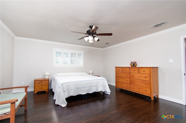 bedroom featuring ceiling fan, crown molding, a textured ceiling, and dark hardwood / wood-style flooring