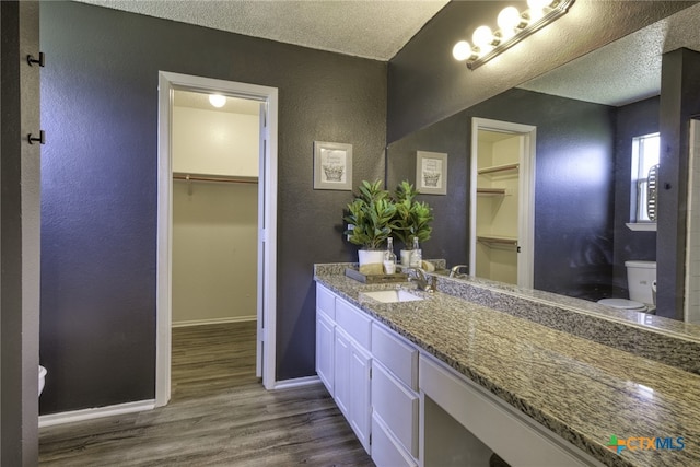 4408 Secretariat Dr, Killeen, TX 76549 - full bath with a textured wall, toilet, vanity, a spacious closet, and wood finished floors