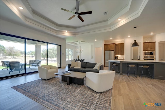 living room featuring crown molding, light hardwood / wood-style floors, and a raised ceiling