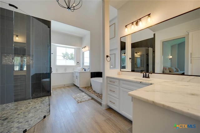 bathroom with wood-type flooring, vanity, and plus walk in shower