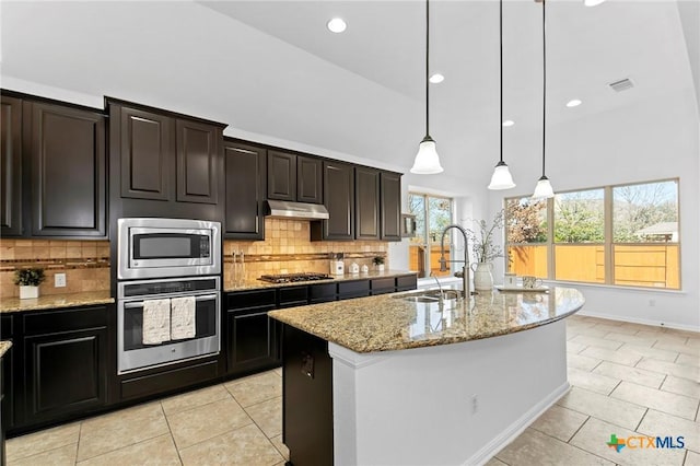 kitchen featuring a sink, light stone counters, under cabinet range hood, appliances with stainless steel finishes, and decorative backsplash