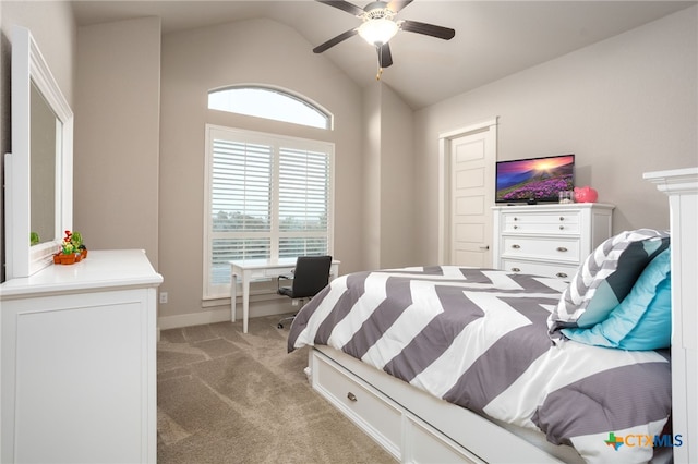 bedroom featuring light carpet, ceiling fan, and lofted ceiling