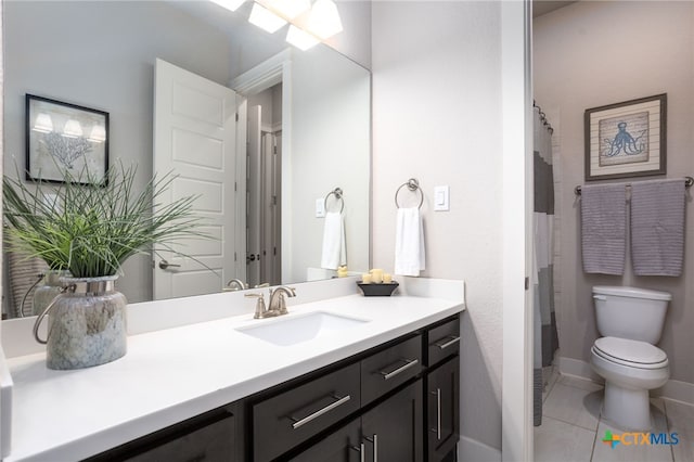 bathroom featuring tile patterned floors, vanity, toilet, and a shower with curtain