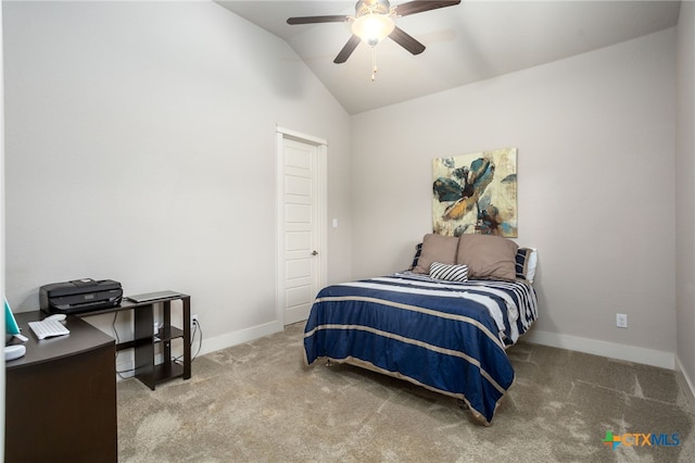 carpeted bedroom featuring ceiling fan and vaulted ceiling