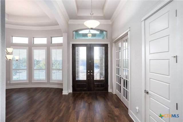 entrance foyer featuring dark hardwood / wood-style floors, a wealth of natural light, a tray ceiling, and french doors