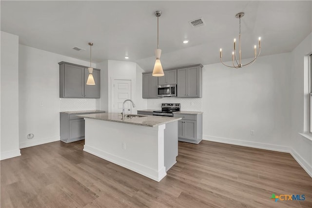 2310 Healy Dr, Temple, TX 76502 - kitchen featuring stainless steel appliances, a sink, decorative backsplash, and gray cabinets