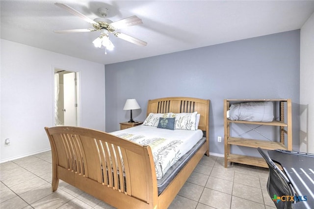 bedroom featuring ceiling fan and light tile patterned floors