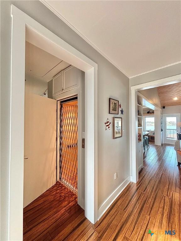 hallway with wood-type flooring and ornamental molding