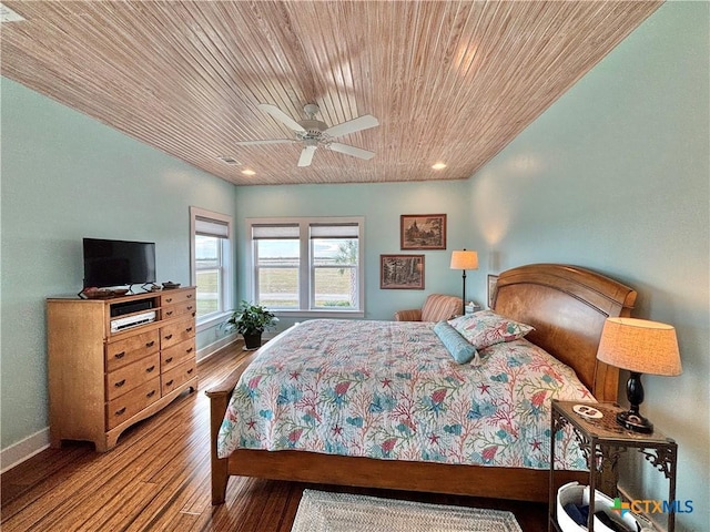 bedroom with wood ceiling, ceiling fan, and hardwood / wood-style floors