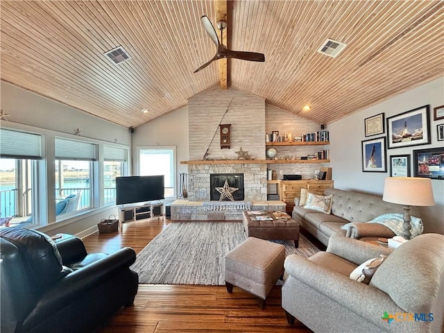 living room featuring a stone fireplace, high vaulted ceiling, hardwood / wood-style flooring, ceiling fan, and wooden ceiling