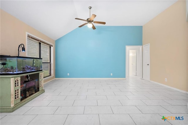 2991 Lakeview E Dr, Ingleside, TX 78362 - unfurnished living room featuring lofted ceiling, a ceiling fan, and baseboards