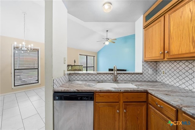 2991 Lakeview E Dr, Ingleside, TX 78362 - kitchen with dishwasher, a sink, decorative backsplash, brown cabinets, and vaulted ceiling