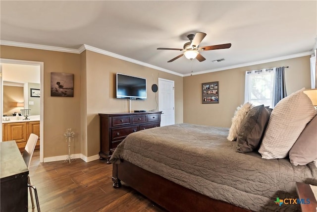 bedroom featuring ceiling fan, visible vents, baseboards, dark wood-style floors, and crown molding