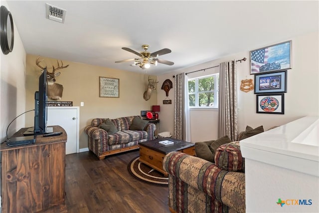 living area featuring dark wood-style floors, ceiling fan, and visible vents