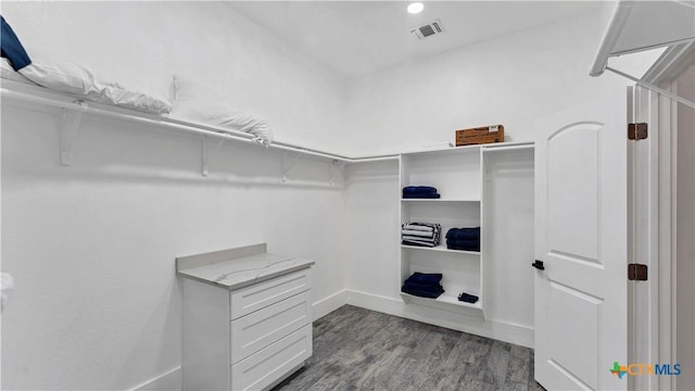 spacious closet with visible vents and dark wood-type flooring