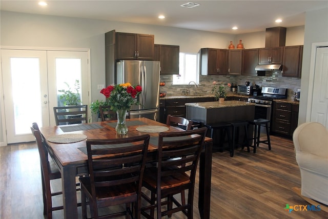 kitchen with stainless steel appliances, a healthy amount of sunlight, a center island, and dark hardwood / wood-style flooring