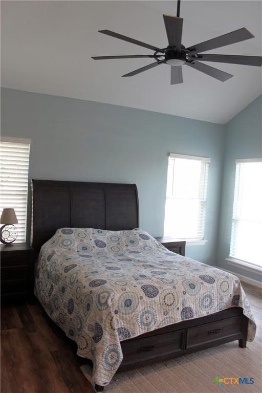2805 Tumbleweed Trl, Dale, TX 78616 - bedroom with lofted ceiling, wood finished floors, and ceiling fan