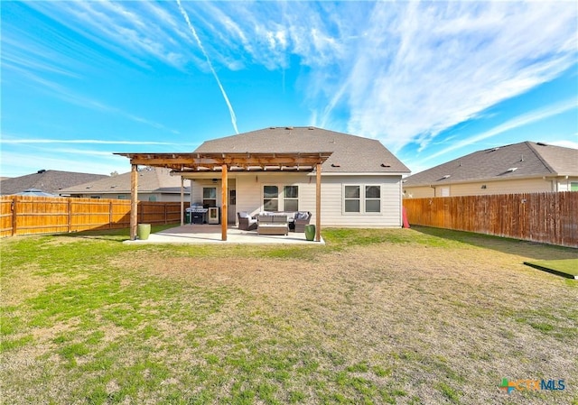 rear view of house featuring a pergola, a yard, an outdoor hangout area, and a patio area