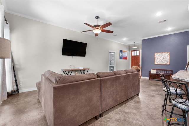living area with recessed lighting, ceiling fan, crown molding, visible vents, and finished concrete floors