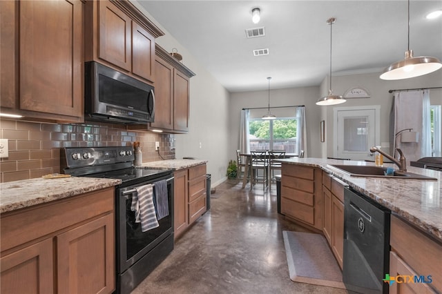 kitchen featuring stainless steel microwave, finished concrete floors, black range with electric cooktop, dishwashing machine, and backsplash