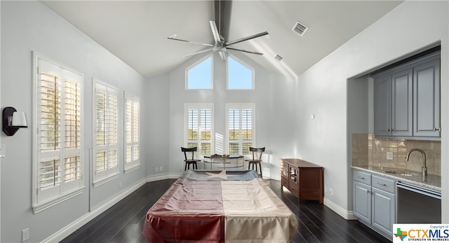 dining space featuring ceiling fan, sink, dark hardwood / wood-style floors, and pool table