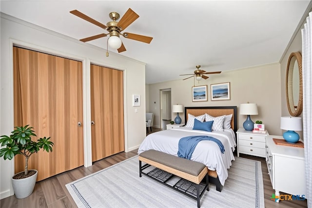 890 N Quail Run Ave, Port Lavaca, TX 77979 - bedroom with wood finished floors, a ceiling fan, and multiple closets