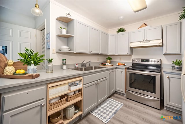 890 N Quail Run Ave, Port Lavaca, TX 77979 - kitchen with electric range, open shelves, under cabinet range hood, light wood-style floors, and light countertops