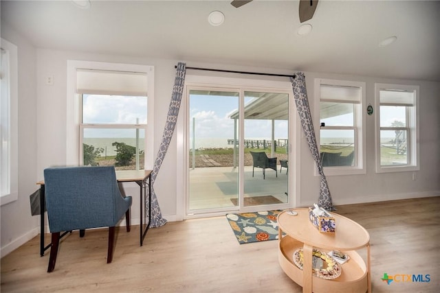 1707 N Ocean Dr, Port Lavaca, TX 77979 - dining room featuring light wood-style floors, a ceiling fan, and baseboards