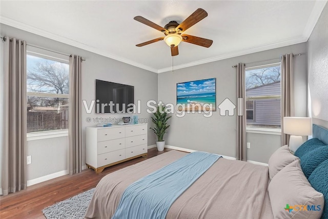 bedroom featuring ornamental molding, multiple windows, wood finished floors, and baseboards