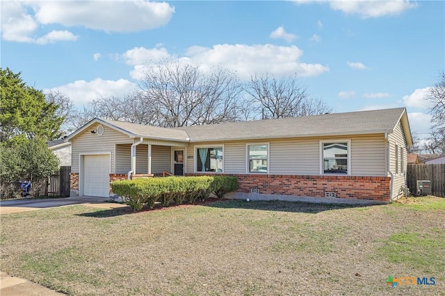 ranch-style home featuring a garage, brick siding, fence, driveway, and a front yard