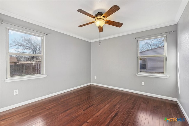 unfurnished room with ceiling fan, baseboards, hardwood / wood-style floors, and ornamental molding