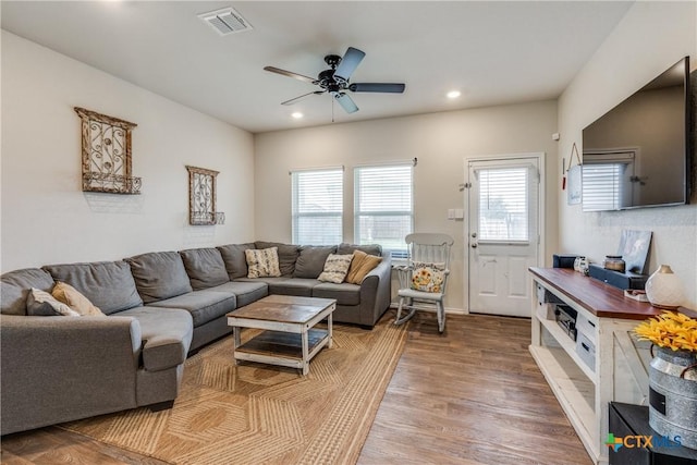 living room with ceiling fan and wood-type flooring