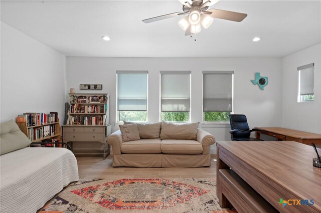 1306 Crystal Spgs, Salado, TX 76571 - bedroom with light wood-type flooring, a desk, recessed lighting, and a ceiling fan