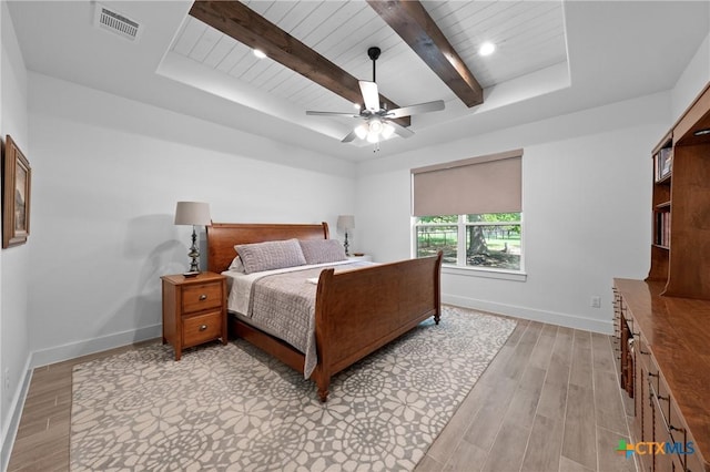 1306 Crystal Spgs, Salado, TX 76571 - bedroom with baseboards, light wood-type flooring, wood ceiling with exposed beams, and ceiling fan