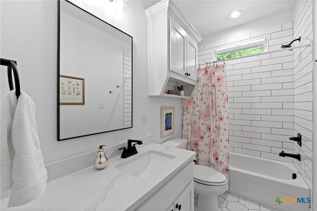 1306 Crystal Spgs, Salado, TX 76571 - bathroom featuring vanity, toilet, shower / tub combo with curtain, recessed lighting, and tile patterned floors