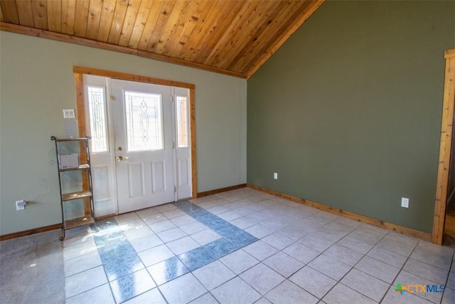 foyer entrance with wood ceiling, baseboards, light tile patterned floors, and vaulted ceiling