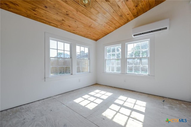 unfurnished room with a wall mounted air conditioner, wooden ceiling, and lofted ceiling