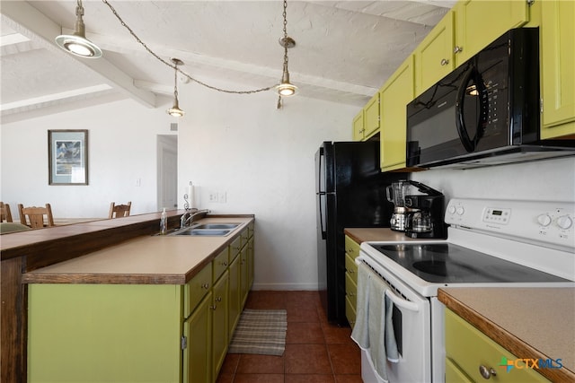 kitchen featuring electric range, lofted ceiling with beams, dark tile patterned flooring, green cabinetry, and hanging light fixtures