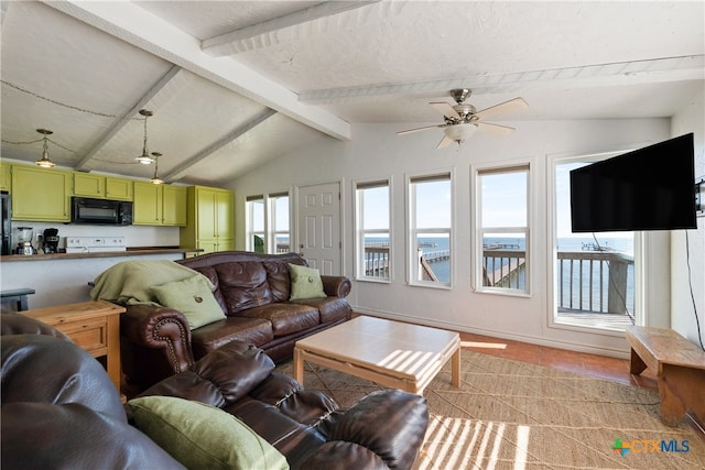 living room with lofted ceiling with beams and ceiling fan