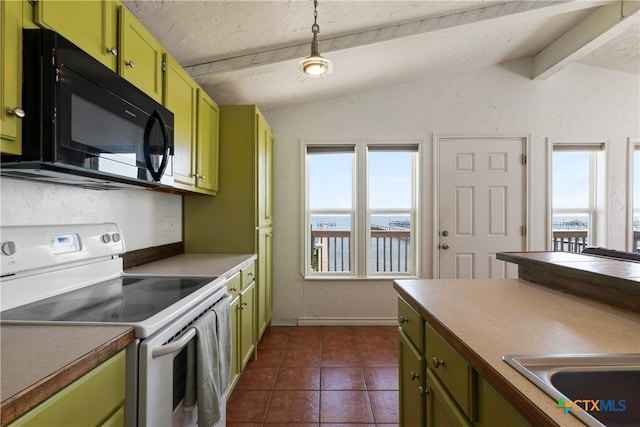 kitchen with white electric range oven, a wealth of natural light, vaulted ceiling with beams, and green cabinetry