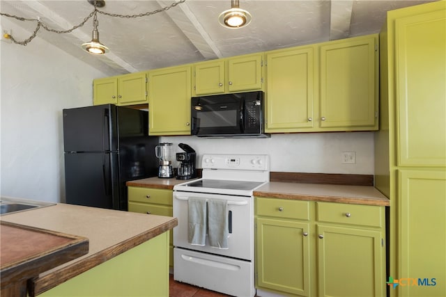 kitchen with sink, beamed ceiling, tile patterned floors, a textured ceiling, and black appliances