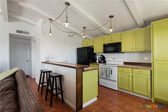 kitchen with pendant lighting, black appliances, lofted ceiling with beams, a kitchen bar, and butcher block counters