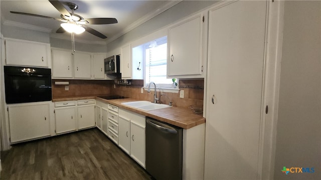 kitchen featuring white cabinetry, black appliances, and sink